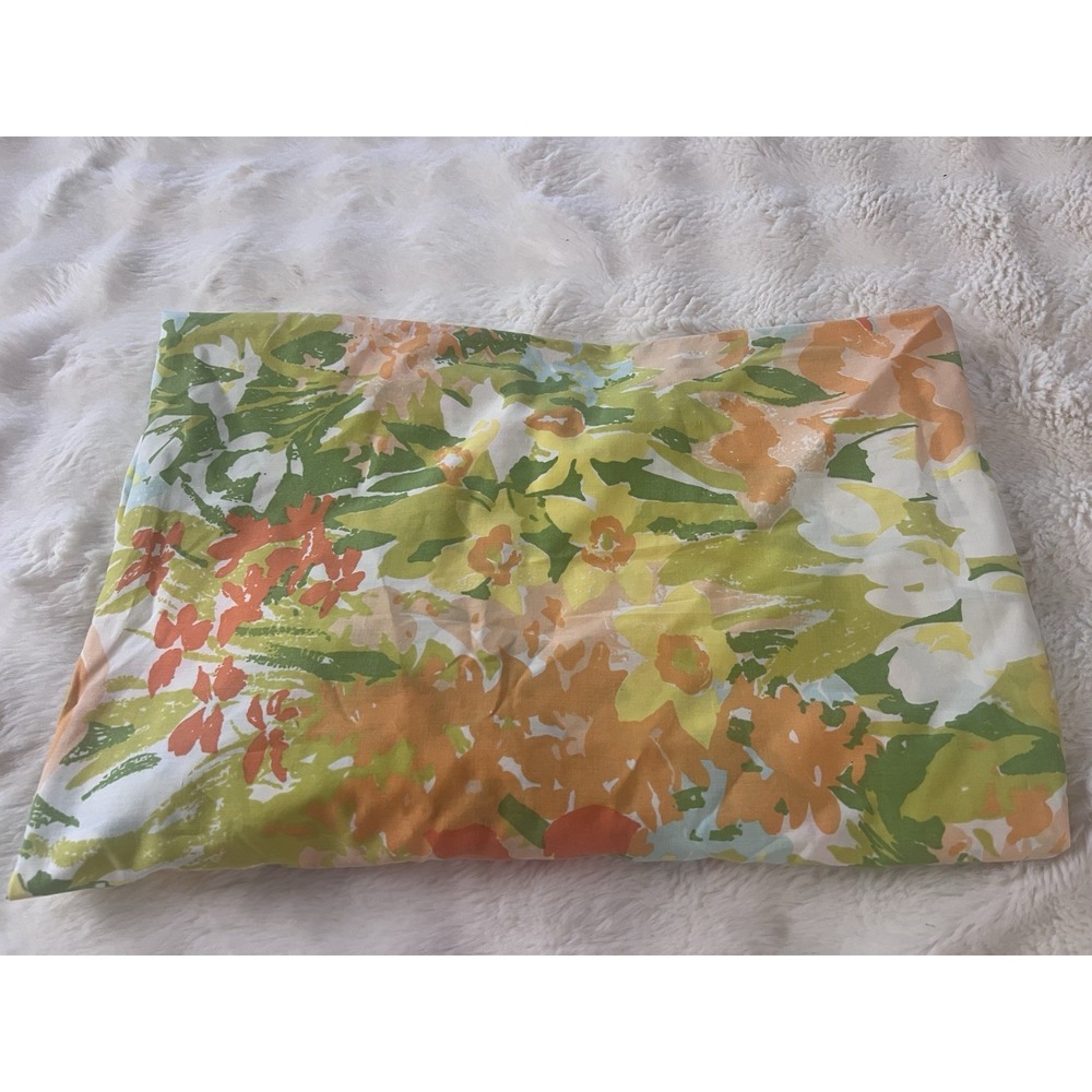 Vtg Stevens MCM TWIN Fitted Sheet Flower Floral Orange Green Yellow